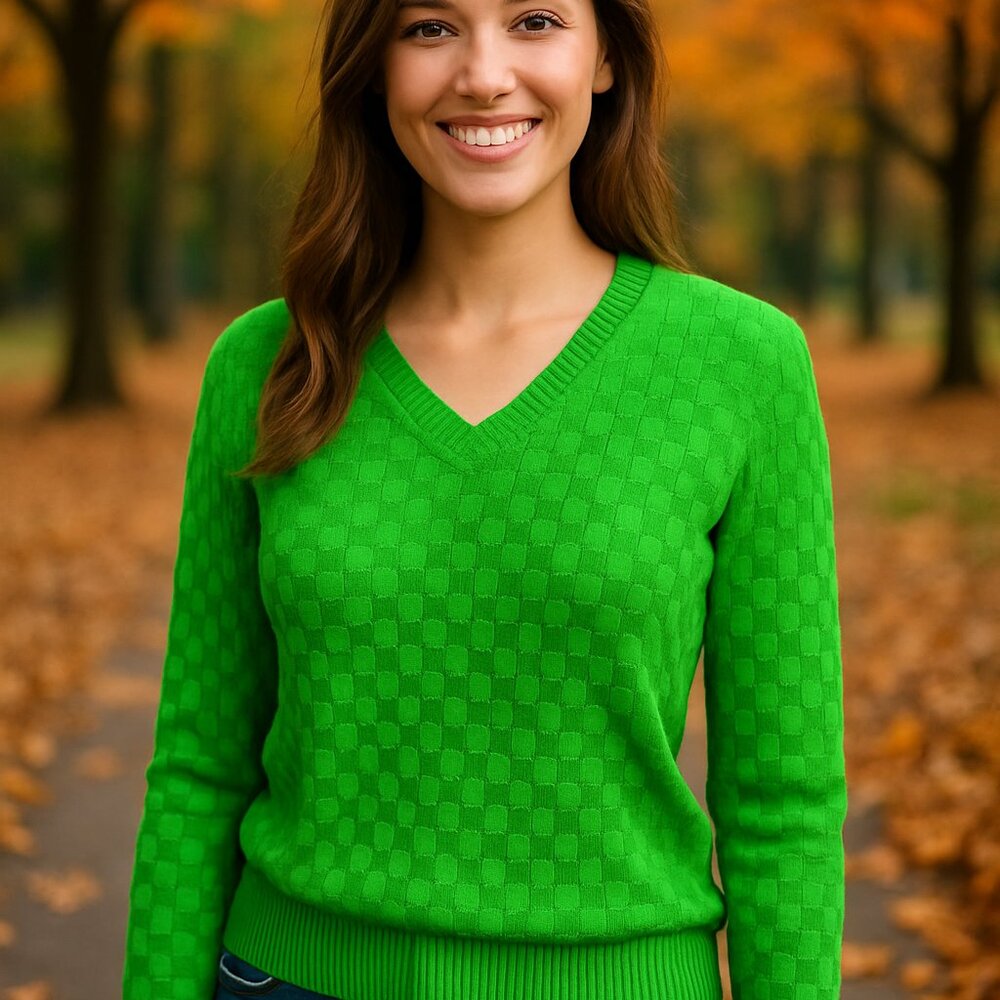 Vintage Women’s Green Checkered Cotton V-Neck Sweater – Y2K Preppy Style – Size